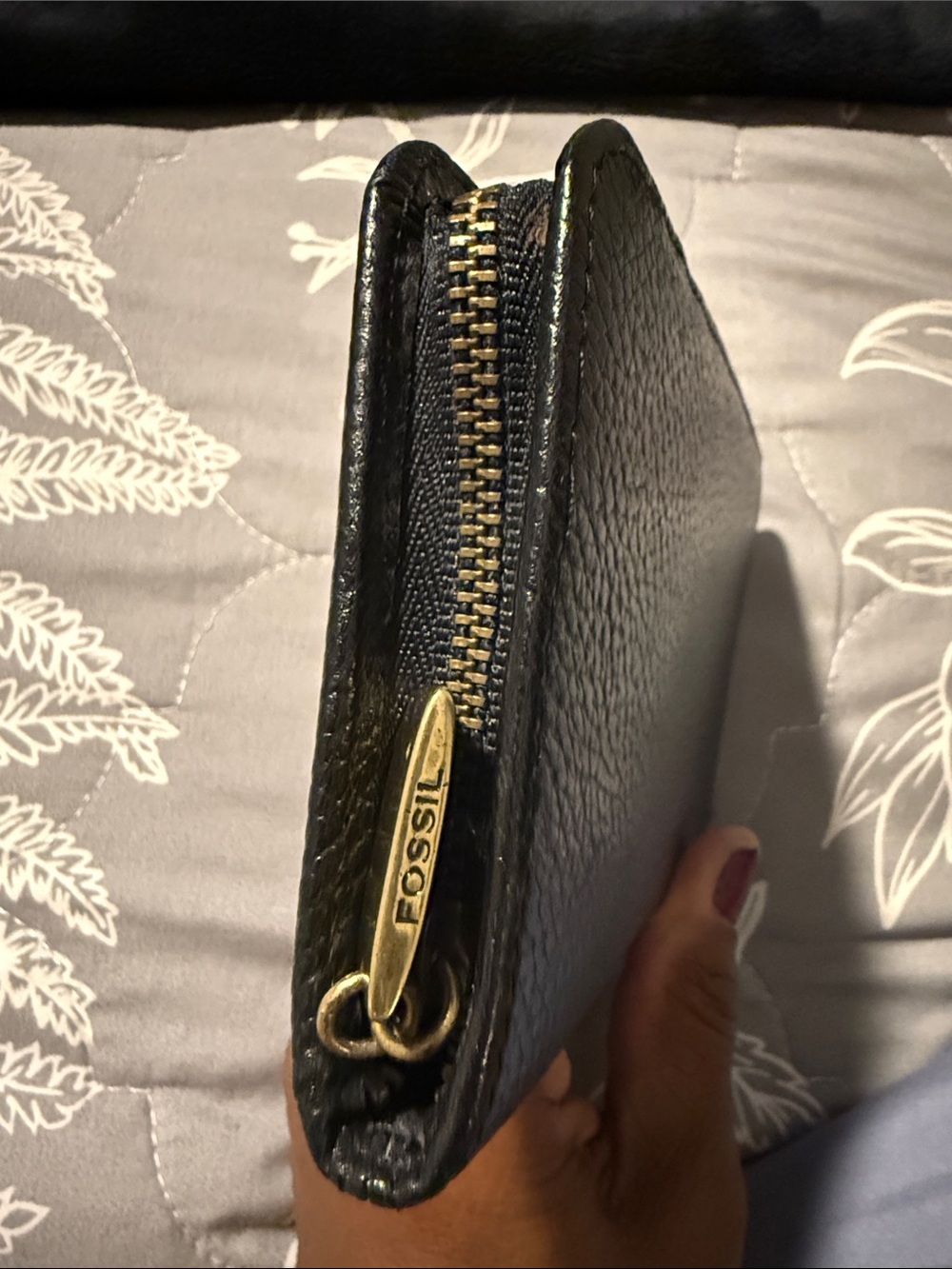 Fossil Black Pebbled Leather Zip-Around Wallet with Gold Accent - Picture 4 of 8
